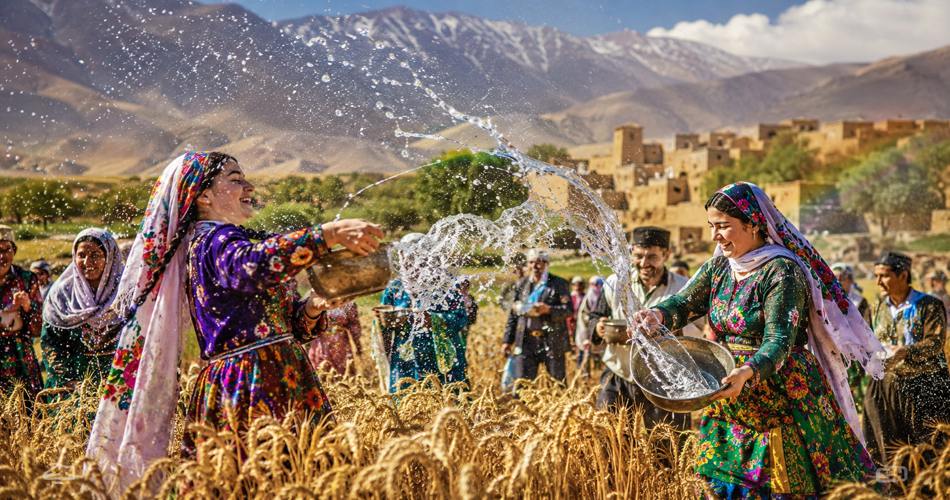 زنان و مردان محلی با لباس‌های رنگارنگ در مزرعه گندم، در حال پاشیدن آب به یکدیگر؛ پس‌زمینه شامل روستای سنتی و کوه‌ها، فضای شاد و جشن برداشت و آیین باران‌خواهی