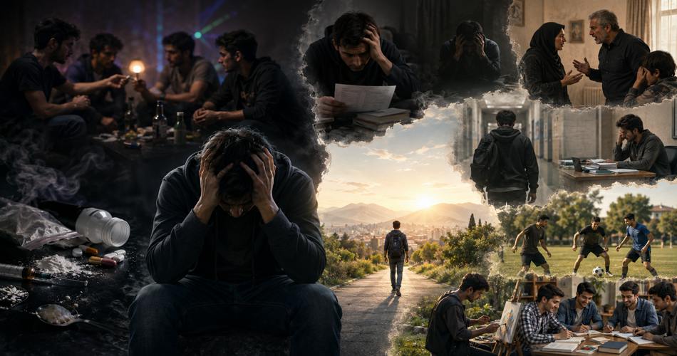 کلاژی مفهومی از اعتیاد جوانان؛ جوانی درمانده میان دود و مواد مخدر نشسته، اطراف او صحنه‌هایی از فشار تحصیلی، تنش خانوادگی و انزوا دیده می‌شود و در مقابل، ورزش، دوستی و امید به آینده به تصویر کشیده شده است.
