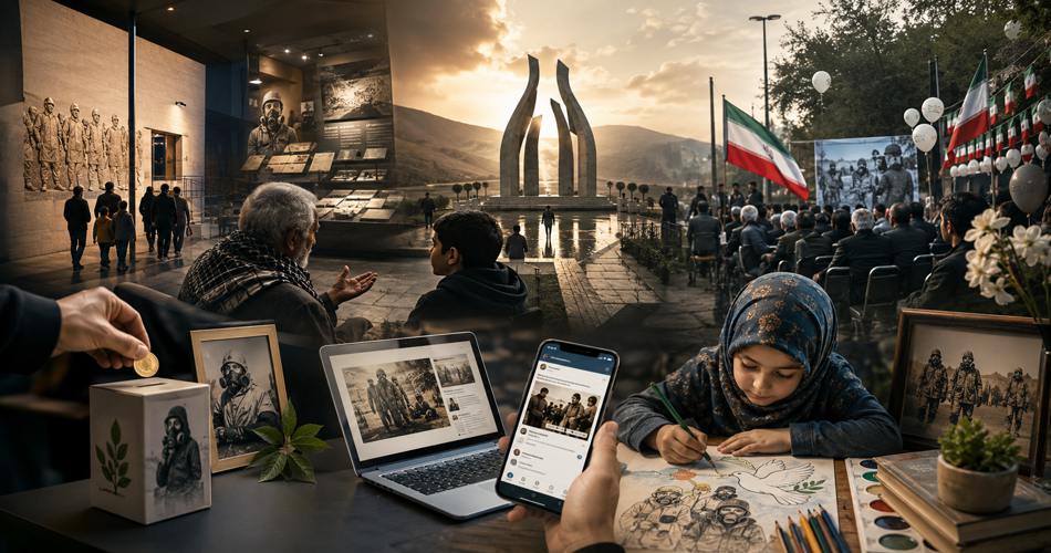 کلاژی از بازدید موزه جنگ، یادمان قربانیان، گفتوگوی یک سالمند با کودک، اهدای کمک، انتشار آگاهی در فضای مجازی، حضور در مراسم یادبود و نقاشی کودک با نماد صلح؛ روایتی از زنده نگهداشتن یاد قربانیان سلاحهای شیمیایی.