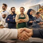 تصویری از جمعی از صاحبان مشاغل و صنعتگران در کنار هم؛ شامل نانوا، خیاط، مکانیک، پزشک، جوشکار و کارگر ساختمانی. در پیش‌زمینه دو نفر در حال دست دادن هستند و پس‌زمینه شهری و صنعتی در نور گرم طلوع دیده می‌شود