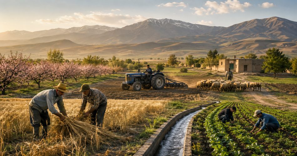 کشاورزان در حال برداشت گندم و کار در مزرعه سبزیجات، تراکتوری مشغول شخم‌زنی، گله‌ای از گوسفندان کنار زمین کشاورزی، باغی شکوفه‌دار و کوهستانی بلند در پس‌زمینه زیر نور گرم غروب.