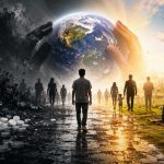 تصویر نمادین روز جهانی مبارزه با مواد مخدر؛ فردی در میانه راهی میان تاریکی و روشنایی قدم می‌زند، در یک سو مواد مخدر و ویرانی و در سوی دیگر خانواده، طبیعت و امید به زندگی، با کره زمین در پس‌زمینه.