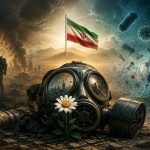 ماسک گاز در مرکز تصویر روی زمین جنگ‌زده قرار دارد؛ اطراف آن گل سفید، پوکه‌های آلوده، دود و ویرانه‌ها دیده می‌شود. سرباز، پژوهشگر با لباس ایزوله، نمادهای میکروبی و پرچم ایران در پس‌زمینه، پیامدهای سلاح‌های شیمیایی و میکروبی را به تصویر می‌کشند.