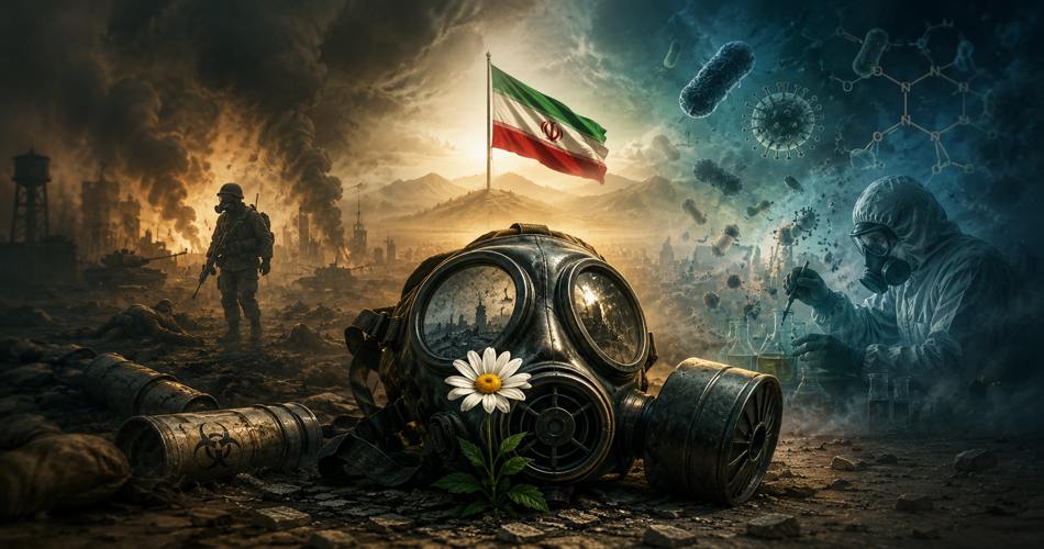 ماسک گاز در مرکز تصویر روی زمین جنگ‌زده قرار دارد؛ اطراف آن گل سفید، پوکه‌های آلوده، دود و ویرانه‌ها دیده می‌شود. سرباز، پژوهشگر با لباس ایزوله، نمادهای میکروبی و پرچم ایران در پس‌زمینه، پیامدهای سلاح‌های شیمیایی و میکروبی را به تصویر می‌کشند.