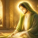 مردی با ردای سبز و سفید در فضایی شبیه مسجد نشسته و سر به زیر دارد. چهره و اطراف سر او با نوری طلایی و درخشان روشن شده و در پس‌زمینه، گنبد و مناره‌هایی در نور گرم دیده می‌شود.