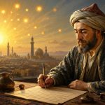 پرتره‌ای هنری از میرزا صائب تبریزی در حال نوشتن روی طومار، پشت میزی با کتاب‌ها و ظروف سنتی؛ در پس‌زمینه شهری با گنبد و مناره زیر آسمانی طلایی دیده می‌شود که خورشید بزرگ و ده‌ها خورشید کوچک نمادین در آن می‌درخشند.
