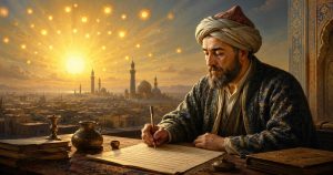 پرتره‌ای هنری از میرزا صائب تبریزی در حال نوشتن روی طومار، پشت میزی با کتاب‌ها و ظروف سنتی؛ در پس‌زمینه شهری با گنبد و مناره زیر آسمانی طلایی دیده می‌شود که خورشید بزرگ و ده‌ها خورشید کوچک نمادین در آن می‌درخشند.