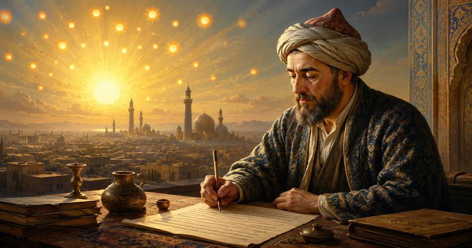 پرتره‌ای هنری از میرزا صائب تبریزی در حال نوشتن روی طومار، پشت میزی با کتاب‌ها و ظروف سنتی؛ در پس‌زمینه شهری با گنبد و مناره زیر آسمانی طلایی دیده می‌شود که خورشید بزرگ و ده‌ها خورشید کوچک نمادین در آن می‌درخشند.