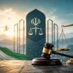 چکش و ترازوی عدالت روی میز چوبی در پیش‌زمینه، با پرچم ایران در سمت چپ، نماد قوه قضاییه در مرکز و پس‌زمینه‌ای از کوهستان و آسمان روشن؛ نمادی از عدالت و قانون در ایران.