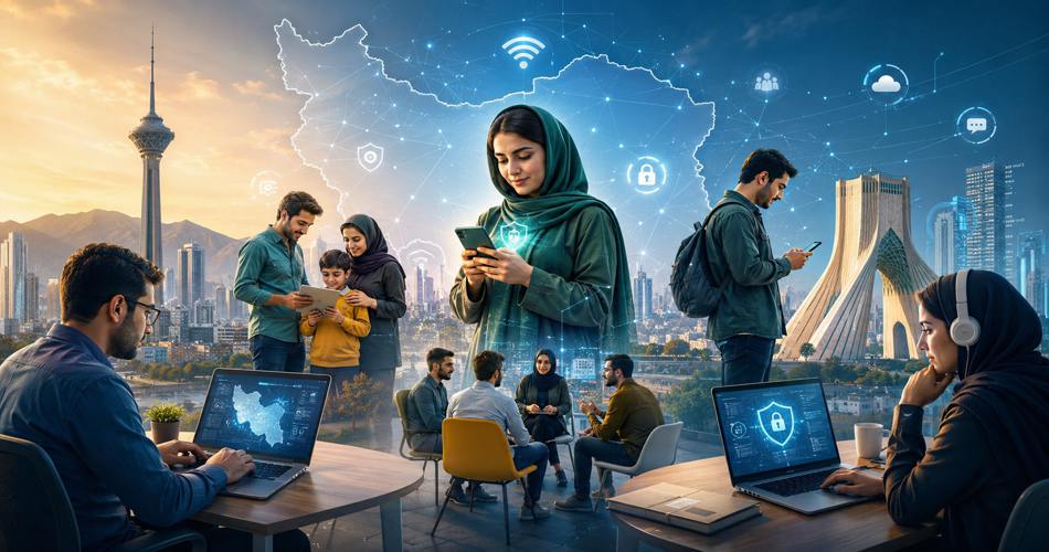 تصویری دیجیتال از شهر تهران با برج میلاد و میدان آزادی؛ چند زن و مرد ایرانی در حال استفاده از موبایل و لپ‌تاپ، با نمادهای شبکه، اینترنت و امنیت سایبری روی نقشه ایران در پس‌زمینه.