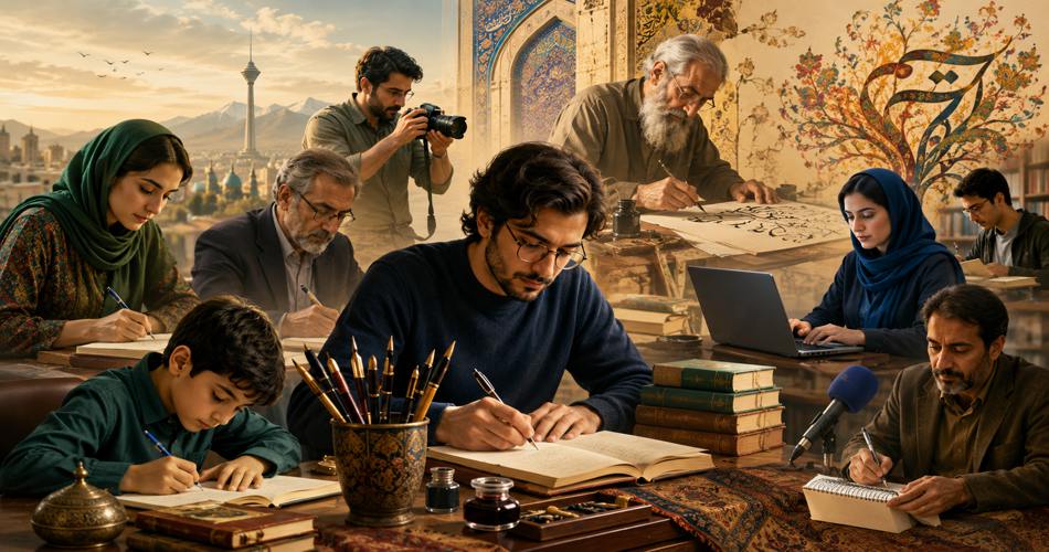 تصویر کلاژی از اهالی قلم ایران؛ نویسنده‌ای در مرکز مشغول نوشتن کنار کتاب‌ها و قلم‌ها، اطراف او دانش‌آموز، استاد، خبرنگار، عکاس، خوشنویس و زنی پشت لپ‌تاپ در فضایی با نقش‌های ایرانی و نمای شهر دیده می‌شوند.