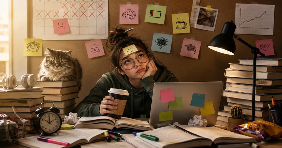 دانشجویی خسته پشت لپ‌تاپ و میان کتاب‌های باز، دفتر، یادداشت‌های رنگی، لیوان قهوه و کاغذهای مچاله نشسته؛ گربه‌ای با عینک روی کتاب‌ها کنار اوست و چراغ مطالعه فضای گرم اتاق را روشن کرده است.
