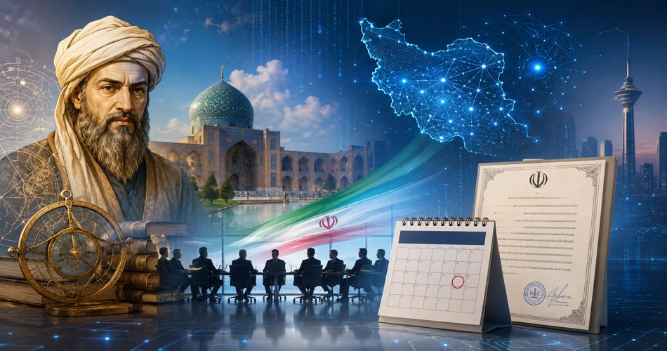 تصویری مفهومی از تاریخ فناوری اطلاعات در ایران؛ چهره خوارزمی در کنار بنای تاریخی، نقشه دیجیتال ایران، جلسه رسمی، پرچم ایران، تقویم با تاریخ مشخص و سند تصویب در فضایی فناورانه و مدرن.