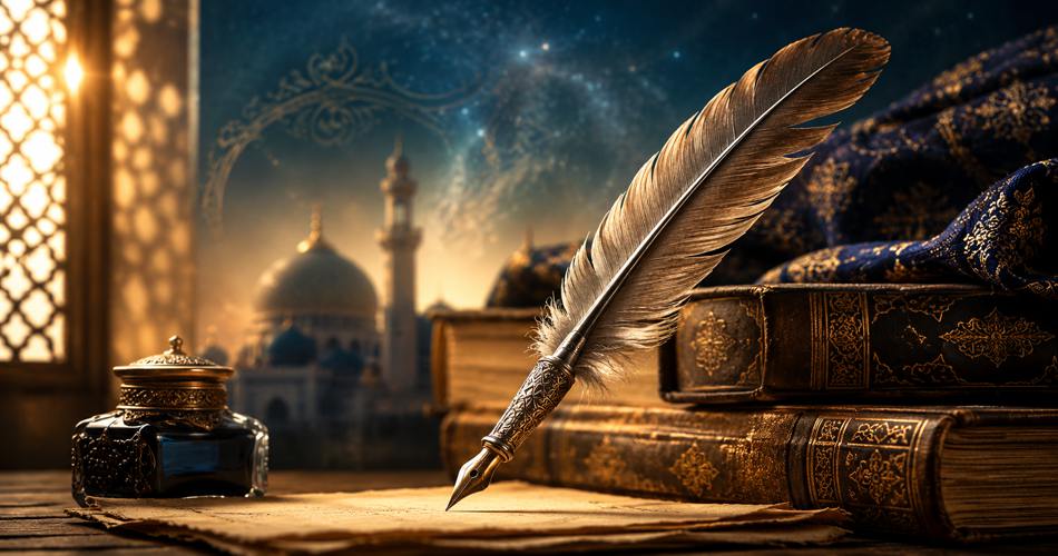 میزی چوبی با یک قلم خودنویس مشکی و طلایی روی برگه‌ای تزئین‌شده، کنار دوات و فانوس فلزی. در سمت چپ کتابی با جلد نفیس و در پس‌زمینه پنجره‌ای مشبک با نمای گنبد و مناره مسجد در نور گرم غروب دیده می‌شود.