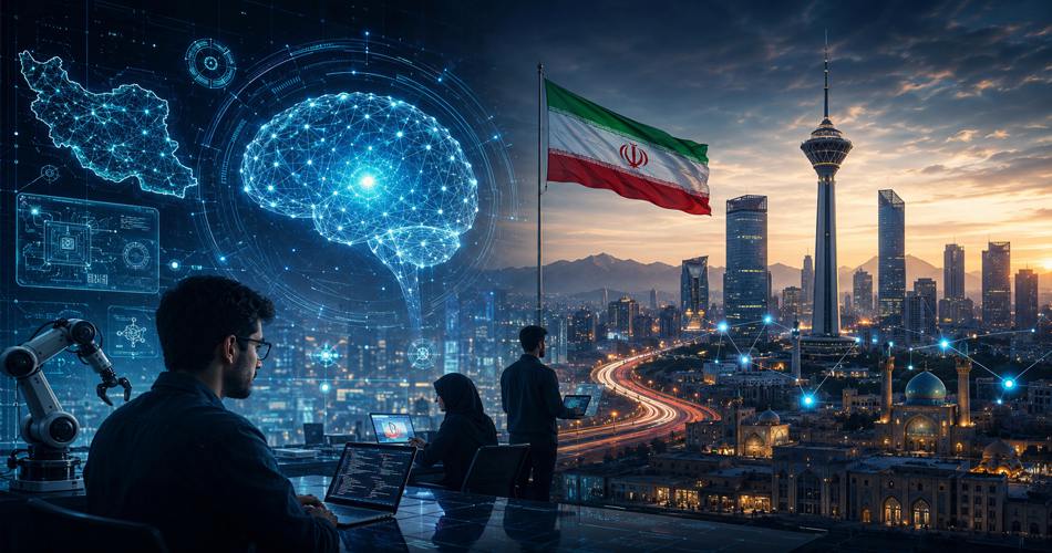 نمایی ترکیبی از فناوری و ایران آینده؛ متخصصان در حال کار با لپ‌تاپ و بازوی رباتیک، مغز دیجیتال و نقشه ایران در پس‌زمینه، و چشم‌انداز مدرن تهران با برج میلاد، شبکه‌های هوشمند و پرچم ایران.
