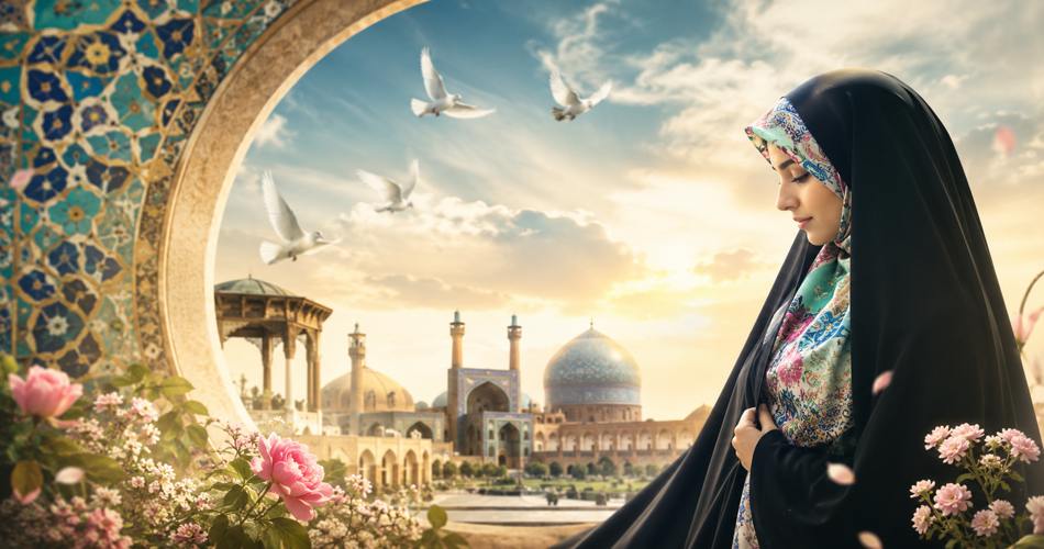 زنی با چادر مشکی و روسری گلدار در نمای نیم‌رخ، مقابل مسجدی با گنبدهای فیروزه‌ای و مناره‌ها ایستاده است. کبوترهای سفید در آسمان پرواز می‌کنند و گل‌های صورتی در پیش‌زمینه دیده می‌شوند.