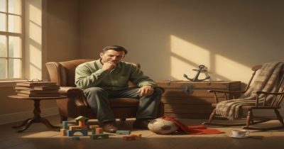 مردی میانسال در خانه روی صندلی راحتی نشسته و با حالتی متفکر به اسباب‌بازی‌های کودکانه روی زمین، از جمله بلوک‌های چوبی و یک توپ، نگاه می‌کند؛ نور خورشید از پنجره به داخل اتاق می‌تابد.