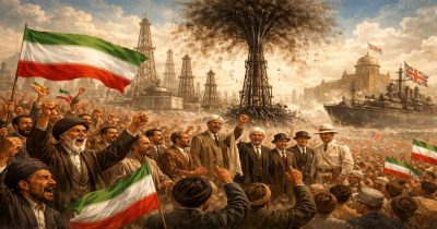 تصویر هنری و واقع‌گرایانه‌ای از فضای روز ملی شدن صنعت نفت ایران در قالبی حماسی. در پیش‌زمینه، جمعیتی گسترده از مردم با چهره‌های پرشور و مشت‌های گره‌کرده دیده می‌شوند که پرچم‌های ایران را در دست دارند. در مرکز تصویر، چند شخصیت سیاسی در میان مردم ایستاده‌اند و با بالا بردن دست‌ها، نماد اتحاد و پیروزی را نشان می‌دهند. در پس‌زمینه، دکل‌های متعدد نفتی و فوران نفت به آسمان دیده می‌شود و در دوردست یک کشتی جنگی با پرچم بریتانیا قرار دارد. فضای کلی تصویر بیانگر اتحاد ملی، غرور عمومی و تقابل با نفوذ خارجی در جریان ملی شدن صنعت نفت است.