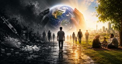 تصویر نمادین روز جهانی مبارزه با مواد مخدر؛ فردی در میانه راهی میان تاریکی و روشنایی قدم می‌زند، در یک سو مواد مخدر و ویرانی و در سوی دیگر خانواده، طبیعت و امید به زندگی، با کره زمین در پس‌زمینه.