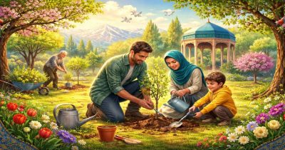 روز درختکاری؛ دست‌های انسانی که نهالی سبز را در خاک می‌کارند، با پس‌زمینه‌ای از طبیعت ایران و کوه‌ها، نور گرم و حس امید