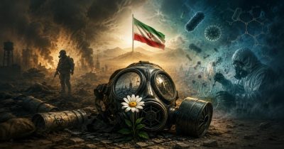 ماسک گاز در مرکز تصویر روی زمین جنگ‌زده قرار دارد؛ اطراف آن گل سفید، پوکه‌های آلوده، دود و ویرانه‌ها دیده می‌شود. سرباز، پژوهشگر با لباس ایزوله، نمادهای میکروبی و پرچم ایران در پس‌زمینه، پیامدهای سلاح‌های شیمیایی و میکروبی را به تصویر می‌کشند.