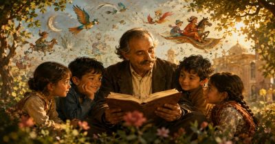 مردی میانسال با سبیل خاکستری در میان چهار کودک نشسته و کتابی را برایشان می‌خواند. کودکان با اشتیاق گوش می‌دهند و پیرامونشان صحنه‌های خیال‌انگیز از پرندگان، فرش پرنده و شخصیت‌های داستانی دیده می‌شود.