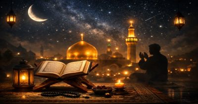 A serene night scene for Laylat al-Qadr showing an open Quran on a carved wooden stand, a lit candle, a lantern, prayer beads, and a person praying in silhouette against illuminated golden domes and minarets under a starry sky with a crescent moon. صحنه‌ای آرام و معنوی از شب قدر با قرآن باز روی رحل چوبی، شمع روشن، چراغ فانی، تسبیح و شخصی که در حالت دعا نشسته است، در پس‌زمینه گنبدها و مناره‌های طلایی روشن شده و آسمانی پرستاره با ماه هلالی