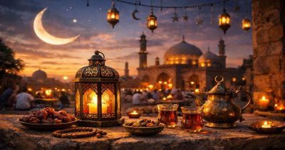 در این تصویر، یک غروب آرام ماه رمضان در یک شهر اسلامی قدیمی به تصویر کشیده شده است. در پیش‌زمینه، فانوس مسی در حال درخشیدن است، در کنار یک بشقاب خرما و یک قوری مسی با لیوان‌های چای سنتی قرار دارد. در پس‌زمینه، یک افطار رنگارنگ زیر ماه هلالی روشن در حال برگزاری است، و یک مسجد با گنبد‌های زیبا و مناره‌ها در آسمان شبانه در حال روشن شدن است، که فضایی گرم و دلپذیر را به نمایش می‌گذارد.