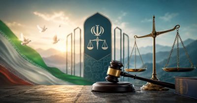 چکش و ترازوی عدالت روی میز چوبی در پیش‌زمینه، با پرچم ایران در سمت چپ، نماد قوه قضاییه در مرکز و پس‌زمینه‌ای از کوهستان و آسمان روشن؛ نمادی از عدالت و قانون در ایران.